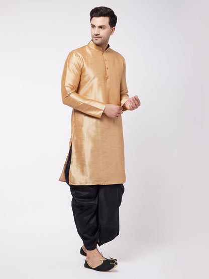 Vastramay Men's Rose Gold And Black Silk Blend Kurta And Dhoti Set