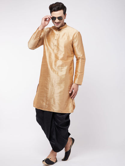 Vastramay Men's Rose Gold And Black Silk Blend Kurta And Dhoti Set