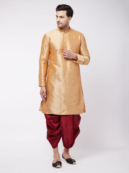 Vastramay Men's Rose Gold And Maroon Silk Blend Kurta And Dhoti Set