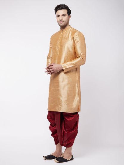 Vastramay Men's Rose Gold And Maroon Silk Blend Kurta And Dhoti Set