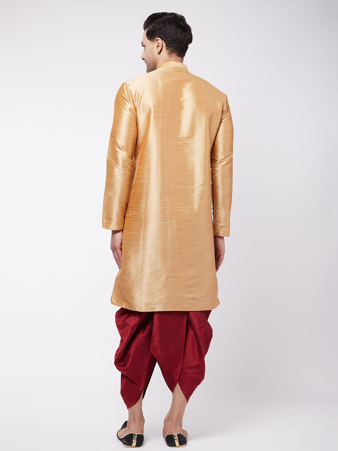 Vastramay Men's Rose Gold And Maroon Silk Blend Kurta And Dhoti Set