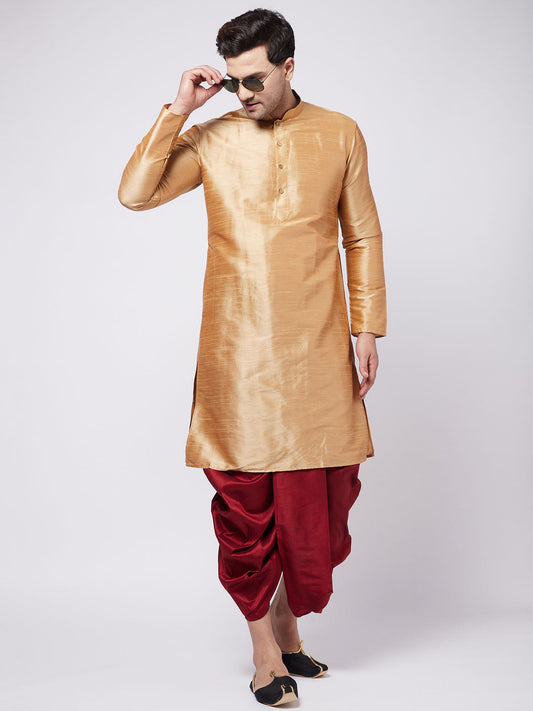 Vastramay Men's Rose Gold And Maroon Silk Blend Kurta And Dhoti Set