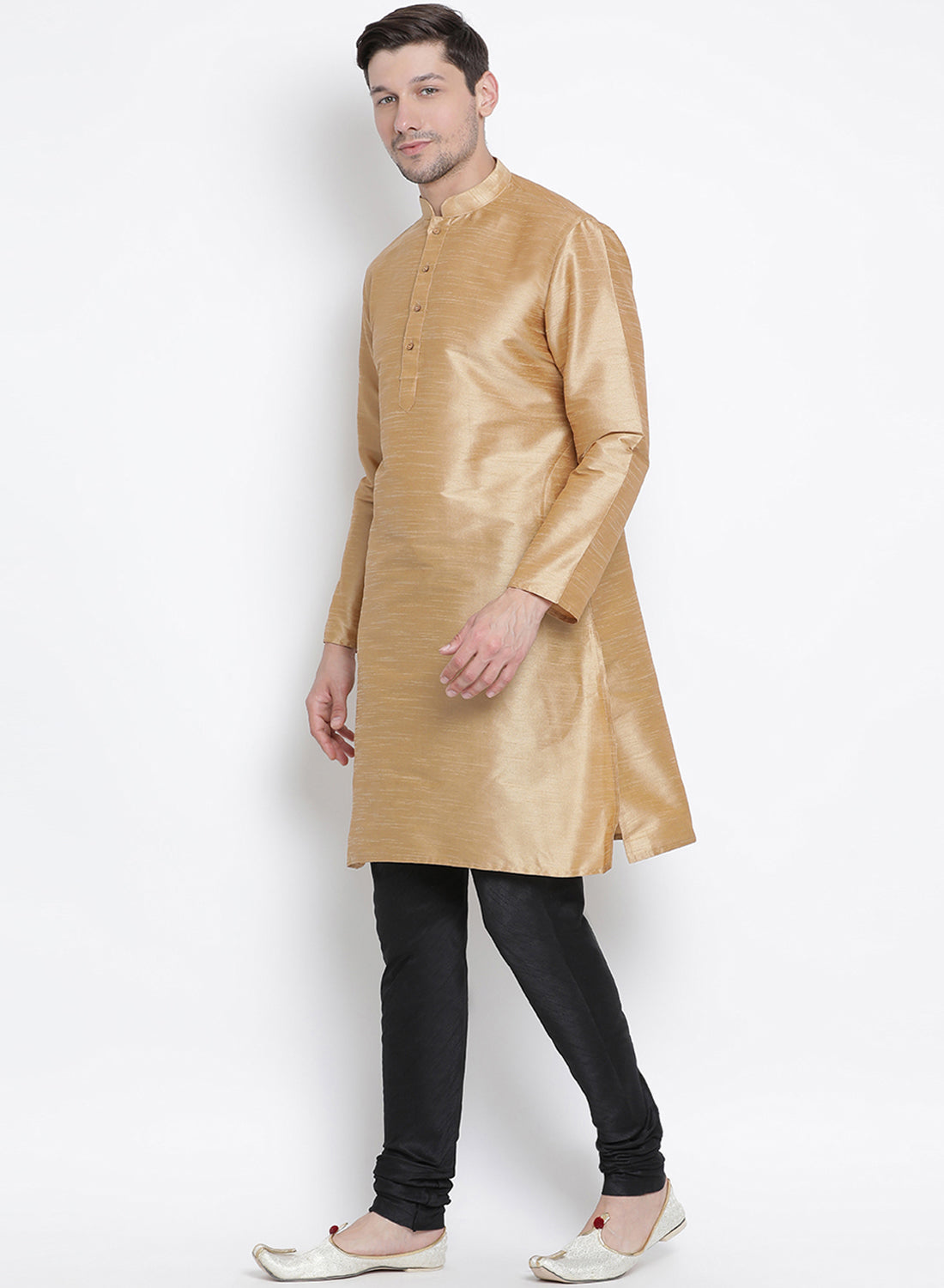 Vastramay Men's Gold Cotton Silk Blend Kurta and Pyjama Set