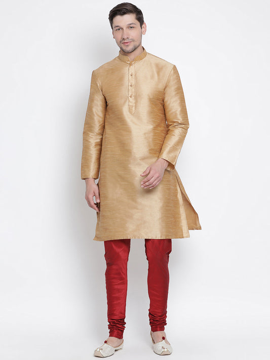 Vastramay Vastramay Men's Gold Cotton Silk Blend Kurta and Pyjama Set