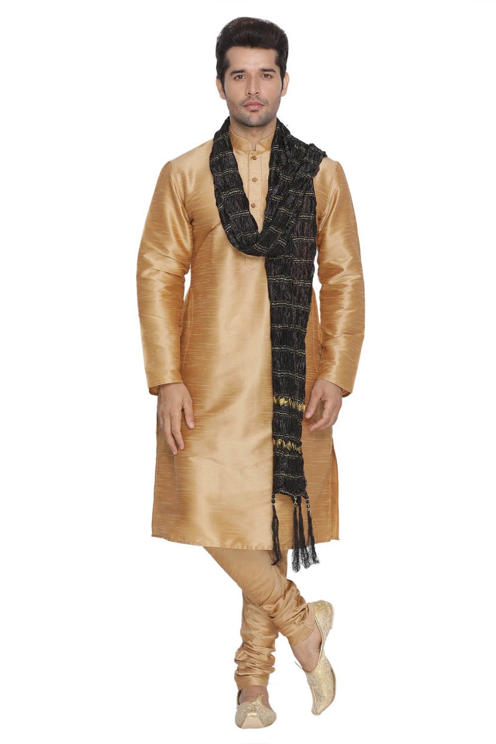 Vastramay Vastramay Men's Gold Cotton Silk Blend Kurta, Pyjama & Dupatta Set