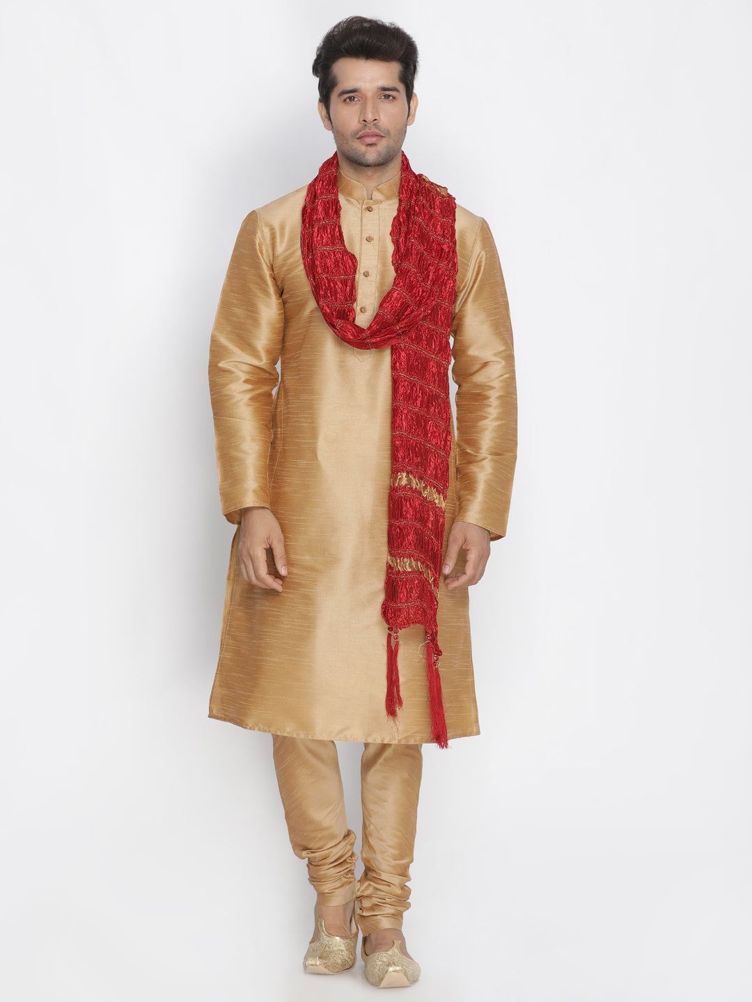 Vastramay Vastramay Men's Gold Cotton Silk Blend Kurta, Pyjama & Dupatta Set