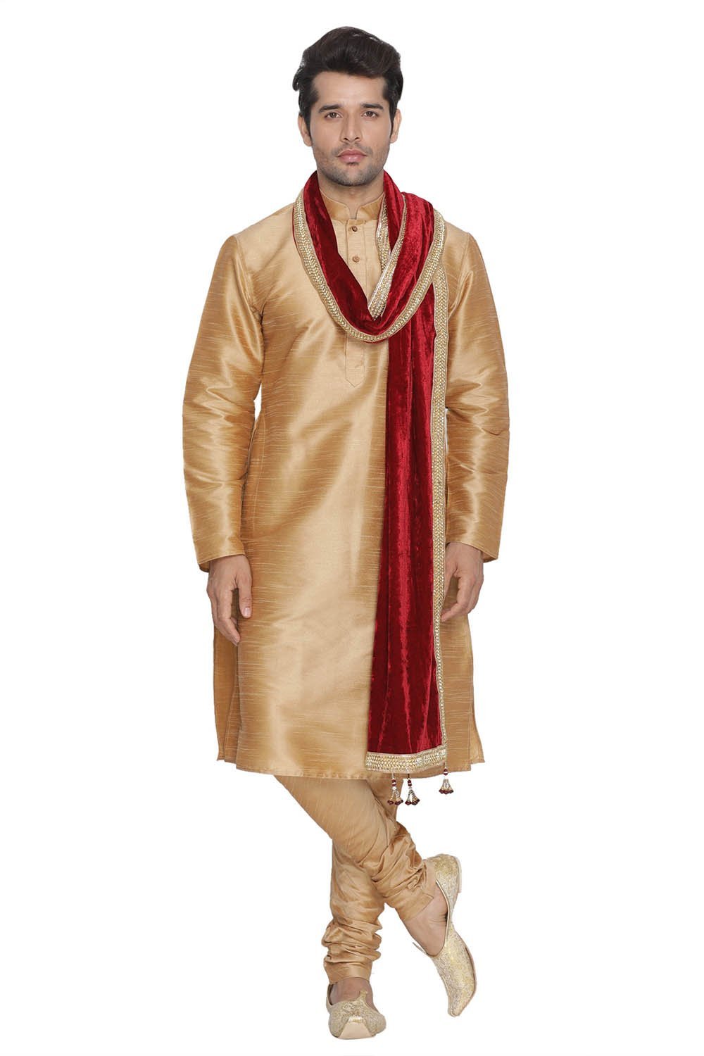 VM By Vastramay Men's Gold Cotton Silk Blend Kurta, Pyjama & Dupatta Set