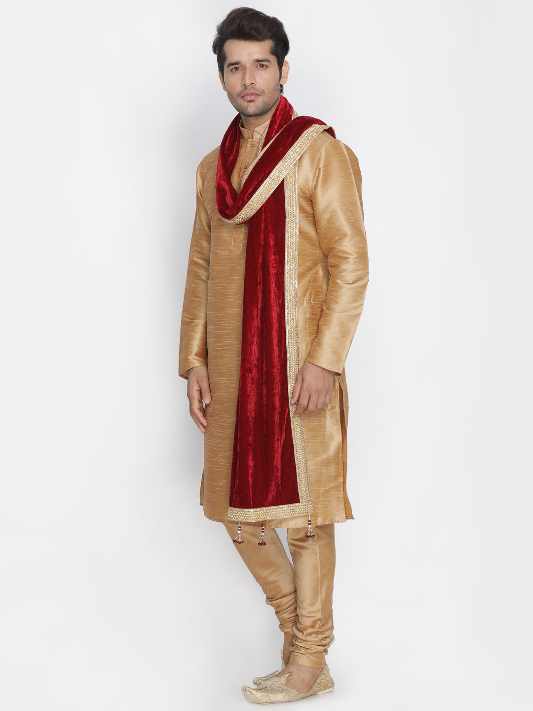 mens gold cotton silk blend kurta pyjama dupatta set231