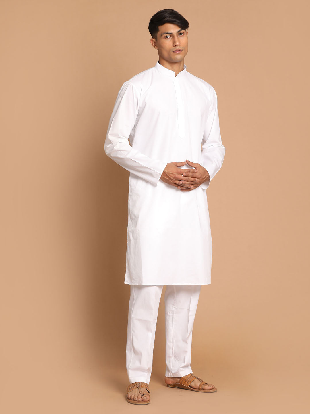 Vastramay mens white kurta with white solid cotton pant style pyjama set 1