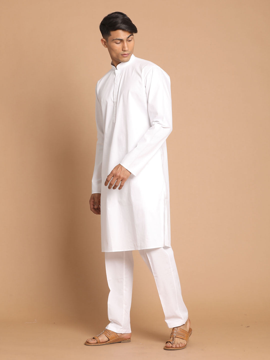 Vastramay mens white kurta with white solid cotton pant style pyjama set 1