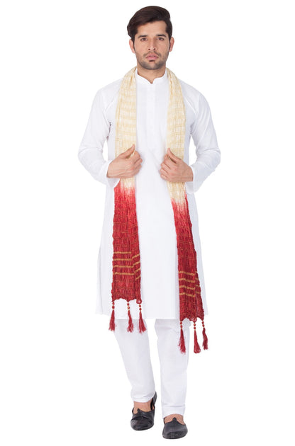 Vastramay Men's White Cotton Kurta, Pyjama & Dupatta Set