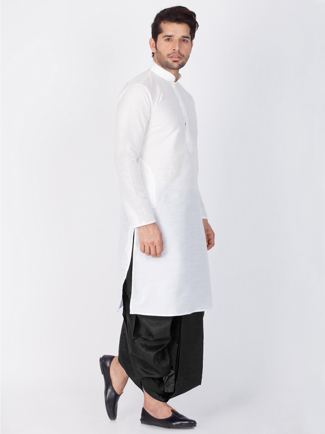 Vastramay Men's White Cotton Silk Blend Kurta and Dhoti Pant Set