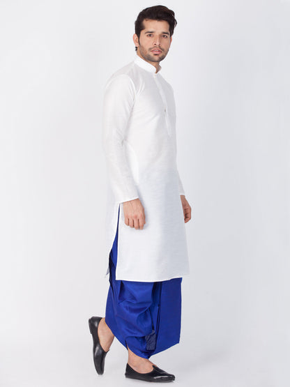 Vastramay Men's White Cotton Silk Blend Kurta and Dhoti Pant Set