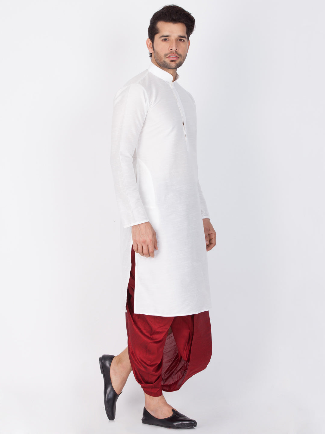 Vastramay Men's White Cotton Silk Blend Kurta and Dhoti Pant Set