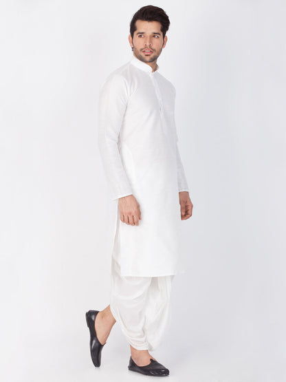 Vastramay Men's White Cotton Silk Blend Kurta and Dhoti Pant Set