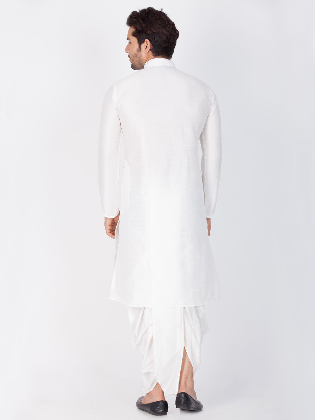 Vastramay Men's White Cotton Silk Blend Kurta and Dhoti Pant Set