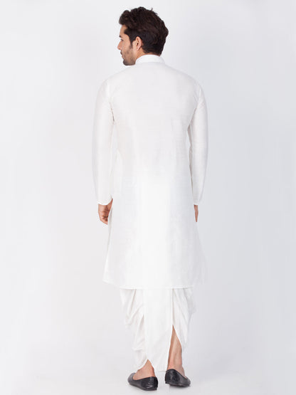 Vastramay Men's White Cotton Silk Blend Kurta and Dhoti Pant Set