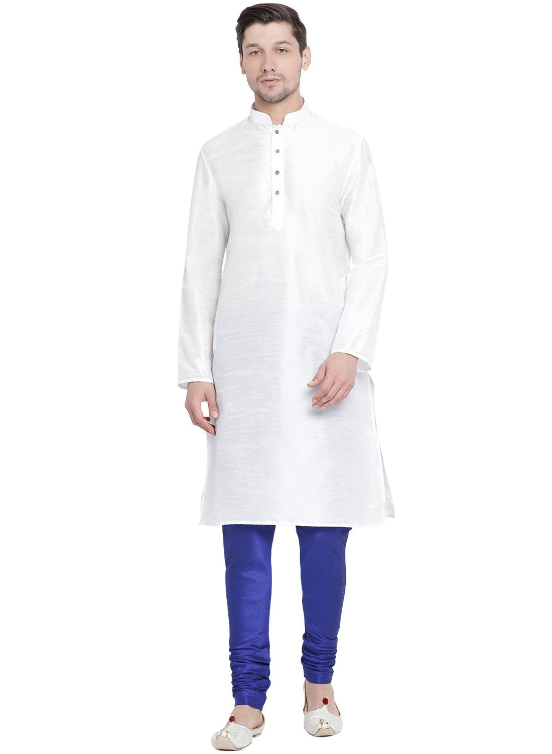 Vastramay Vastramay Men's White Cotton Silk Blend Kurta and Pyjama Set