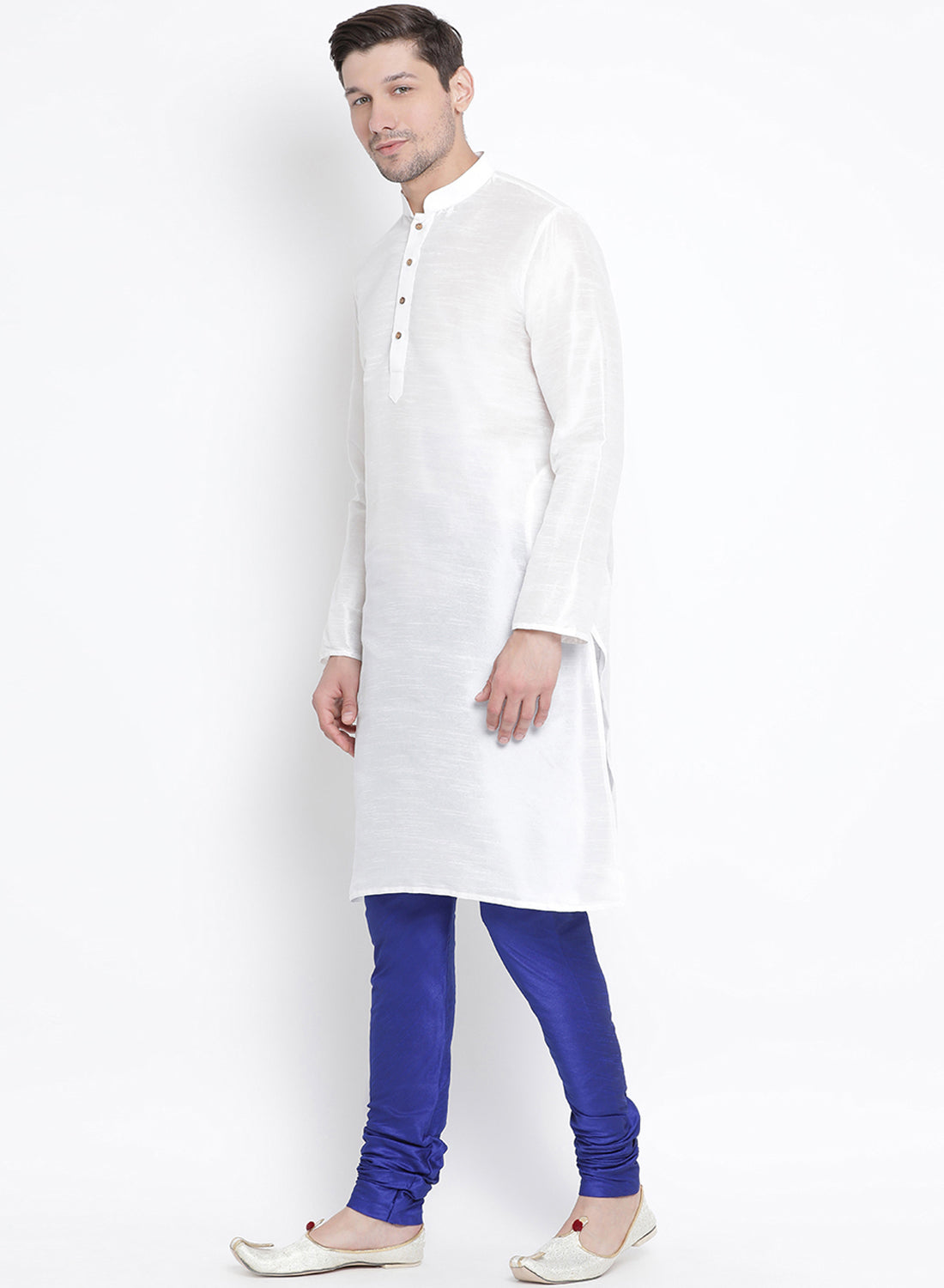 Vastramay Men's White Cotton Silk Blend Kurta and Pyjama Set