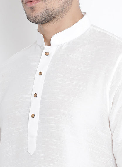 Vastramay Men's White Cotton Silk Blend Kurta and Pyjama Set