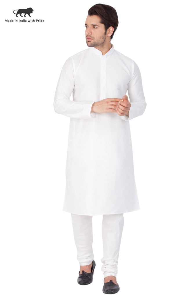 Vastramay Vastramay Men's White Cotton Silk Blend Kurta and Pyjama Set