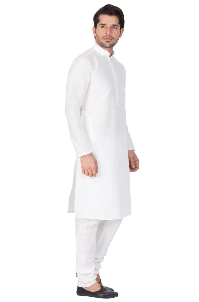 Vastramay Men's White Cotton Silk Blend Kurta and Pyjama Set