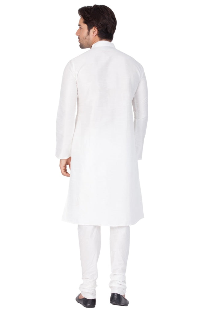 Vastramay Men's White Cotton Silk Blend Kurta and Pyjama Set