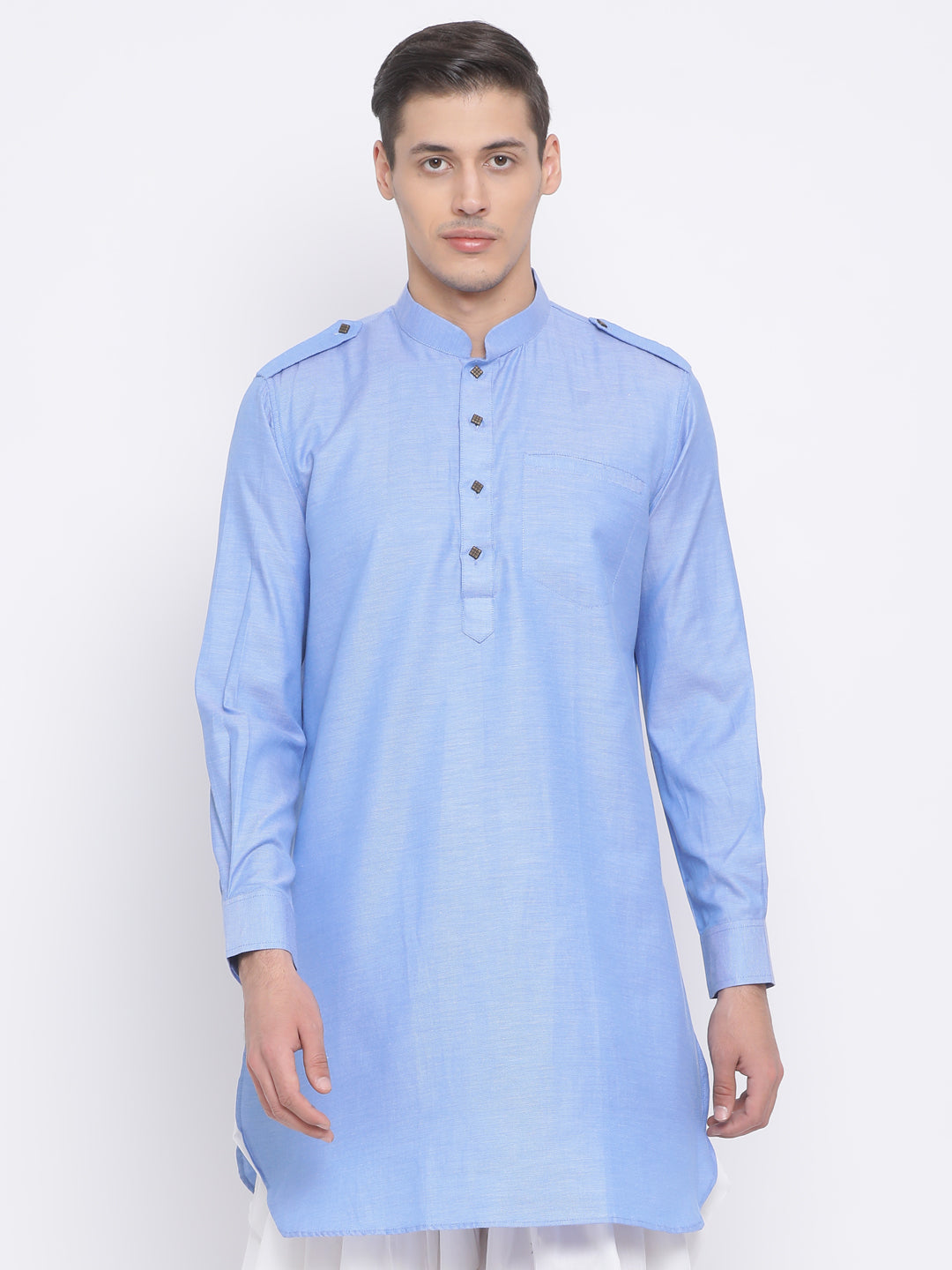 Vastramay  Men's Blue Cotton Blend Kurta