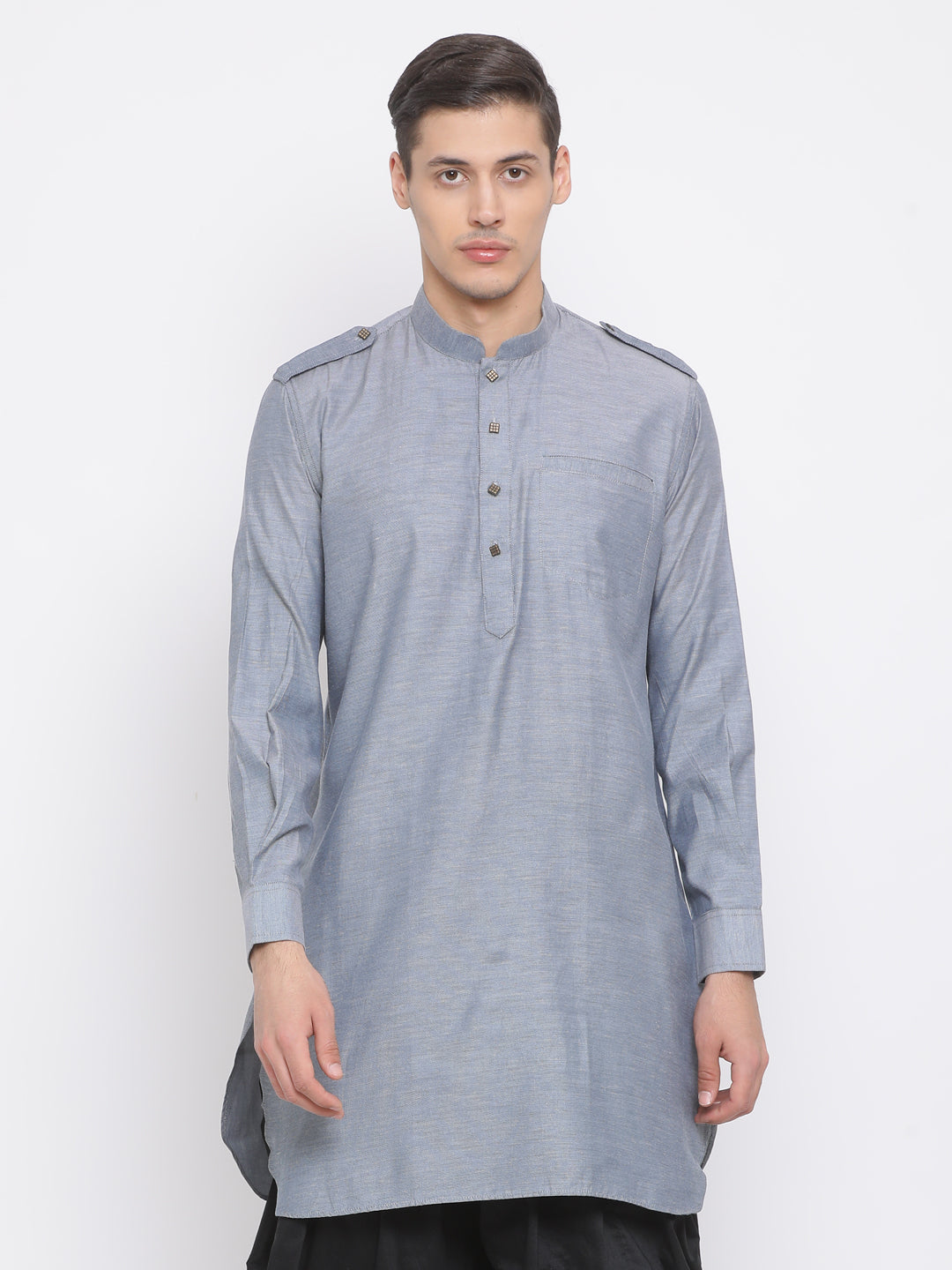 Vastramay Men's Grey Cotton Blend Kurta