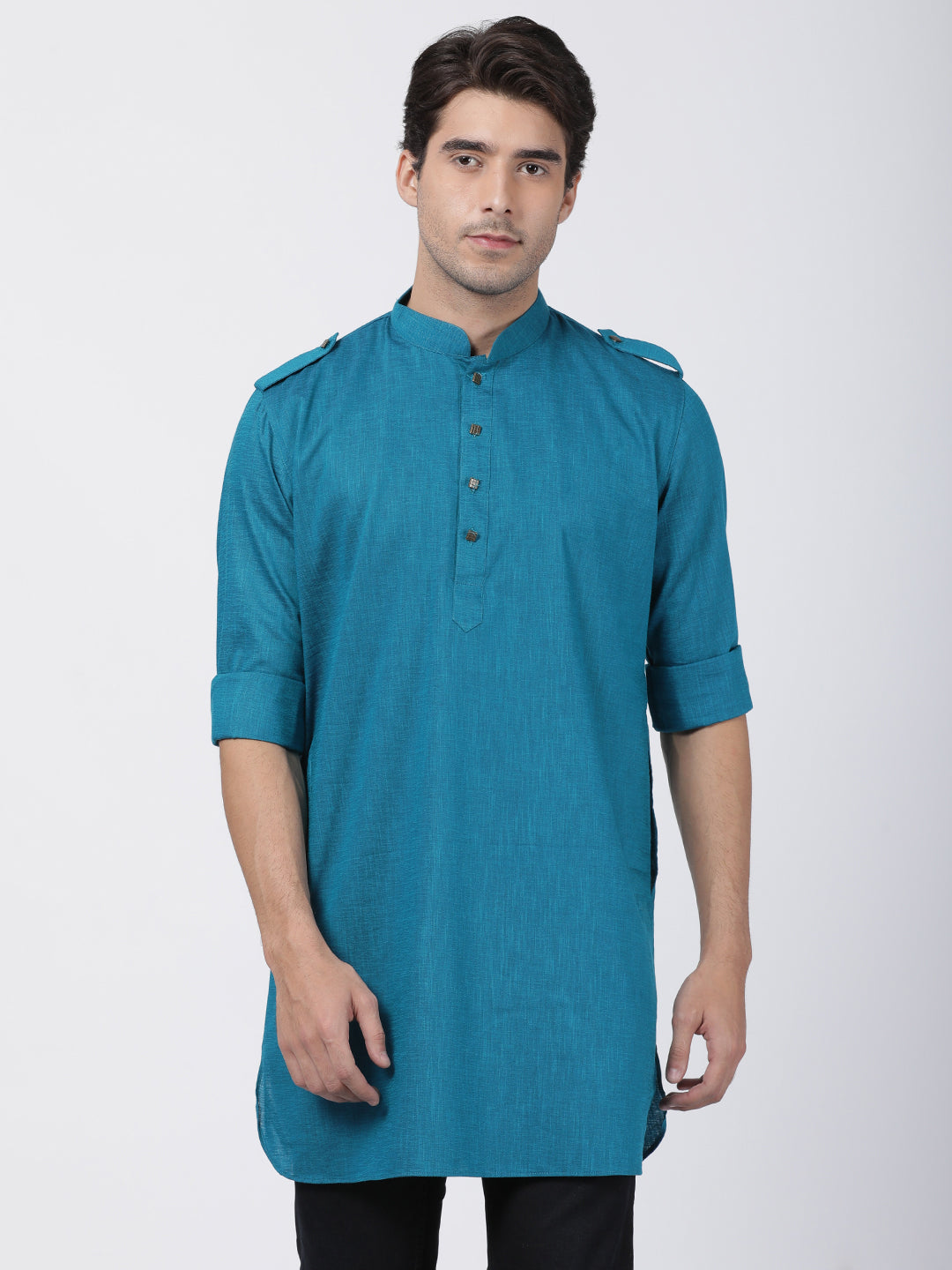 Vastramay  Men's Turquoise Cotton Kurta