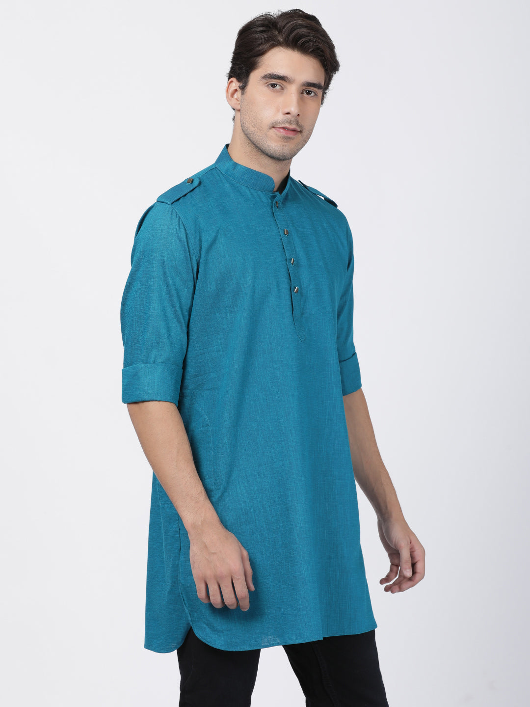 Vastramay  Men's Turquoise Cotton Kurta