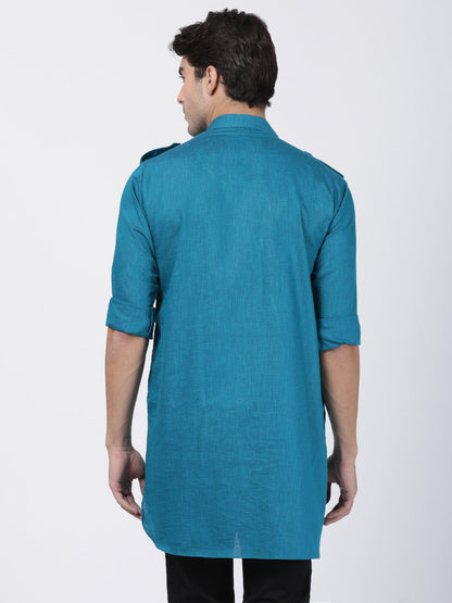 Vastramay  Men's Turquoise Cotton Kurta