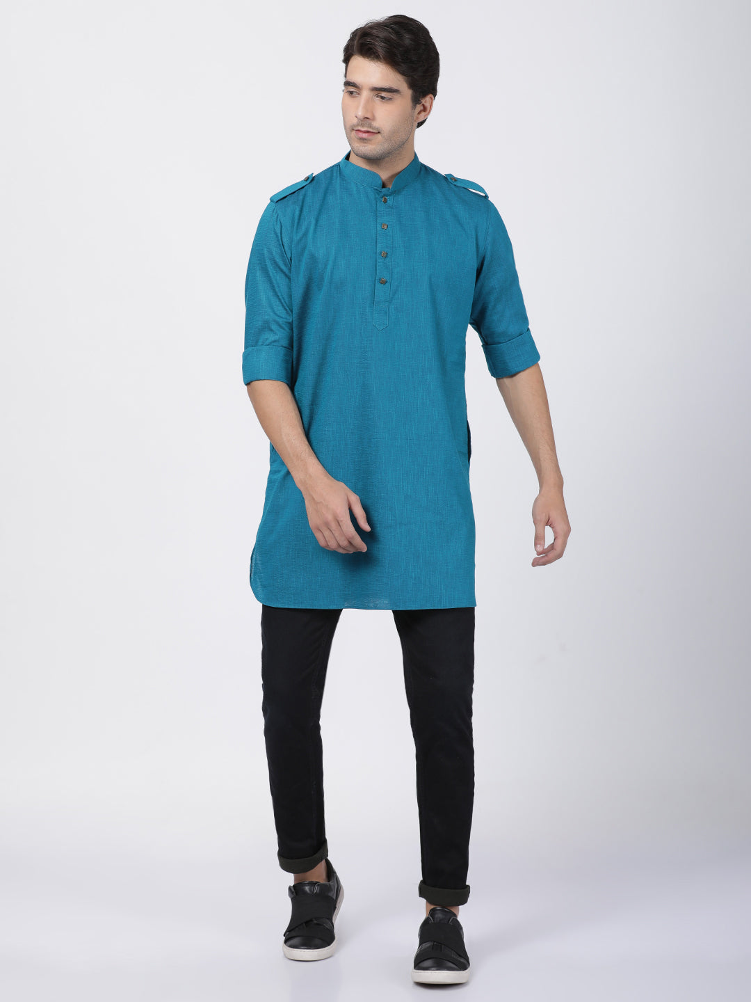 Vastramay  Men's Turquoise Cotton Kurta