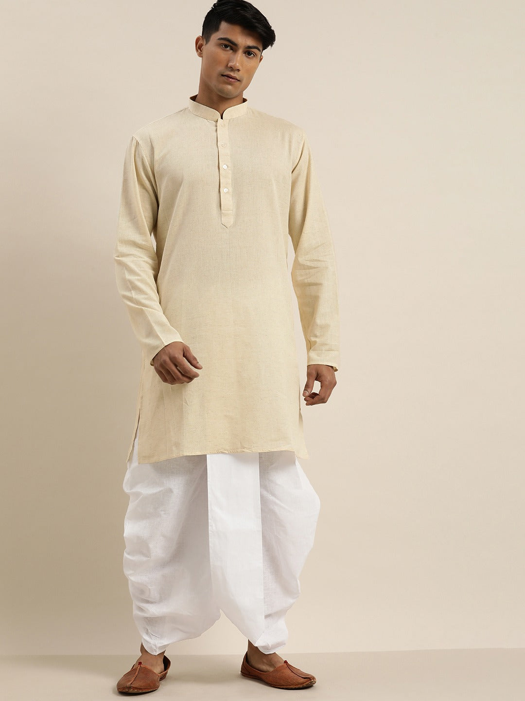 Vastramay Men's Beige Pure Cotton Kurta with Dhoti Pant Set