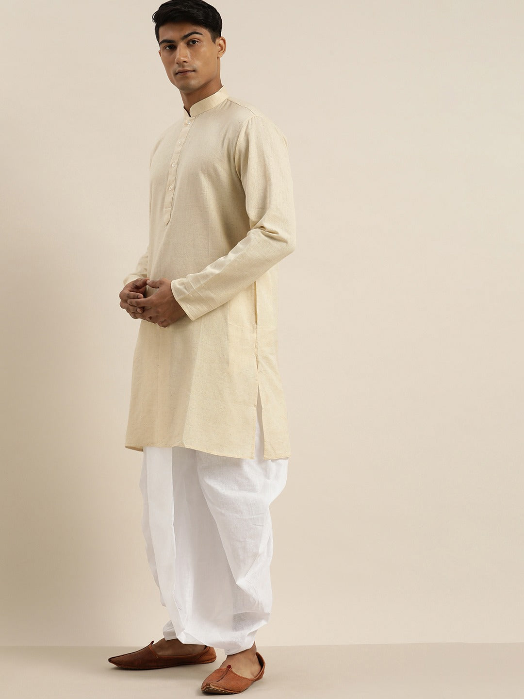 Vastramay Men's Beige Pure Cotton Kurta with Dhoti Pant Set