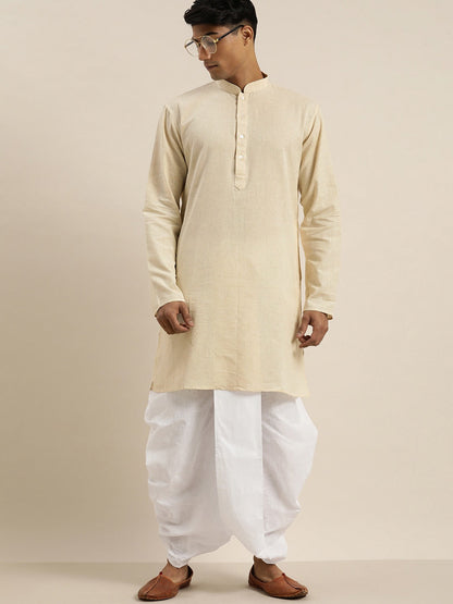 Vastramay Men's Beige Pure Cotton Kurta with Dhoti Pant Set