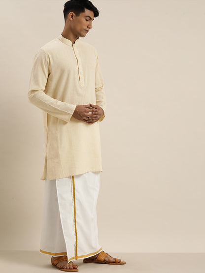 Vastramay Men Cream Pure Cotton Kurta with Mundu