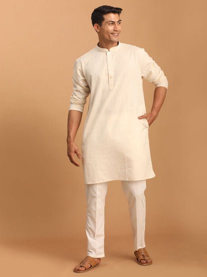 VASTRAMAY Men's Cream Cotton Kurta with Cream Pant Set