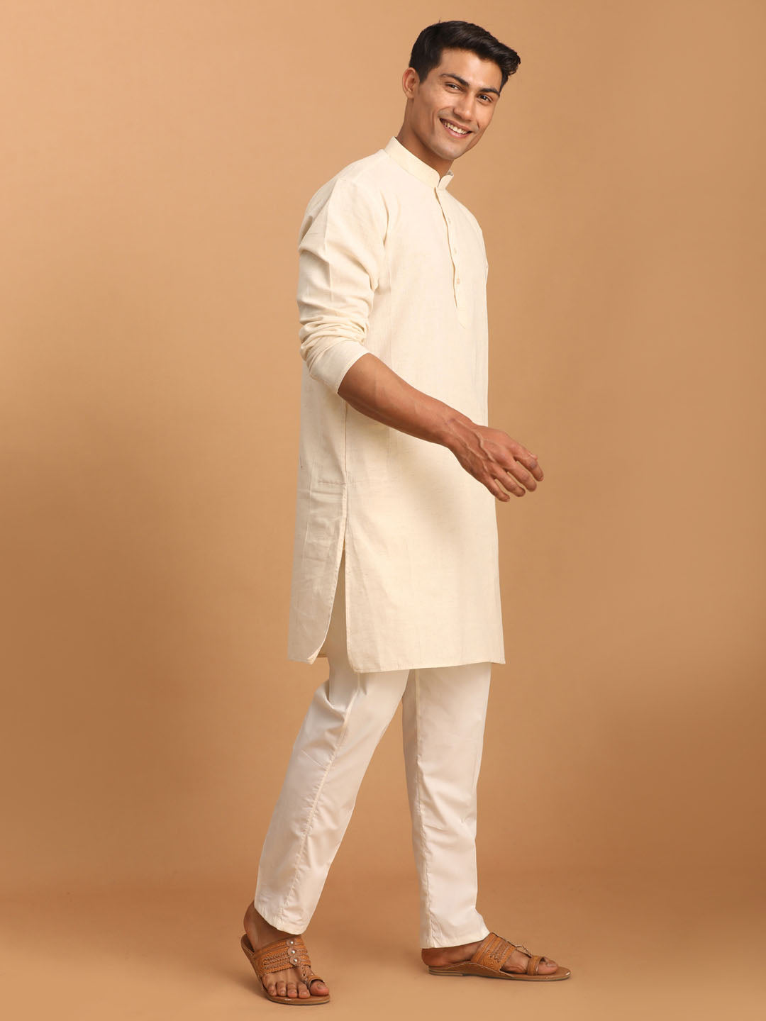 VASTRAMAY Men's Cream Cotton Kurta with Cream Pant Set