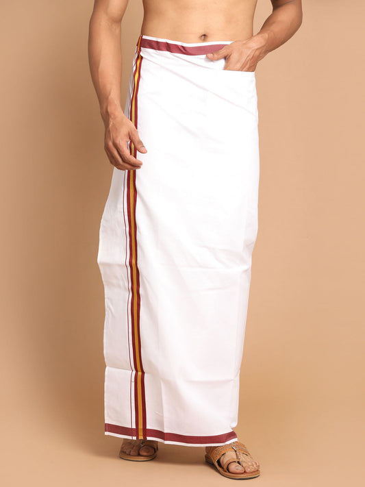 Vastramay Men's White And Maroon Mundu