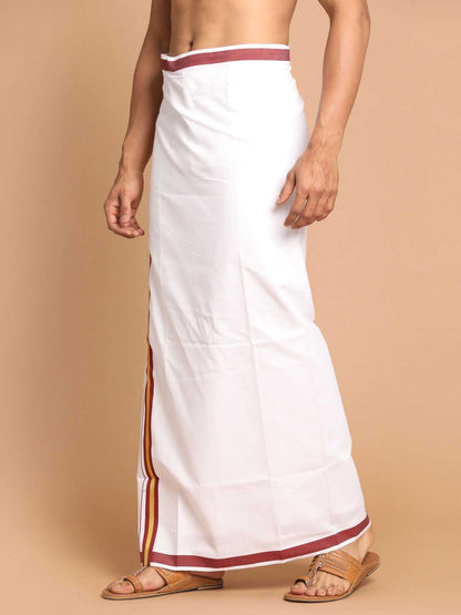 Vastramay Men's White And Maroon Mundu