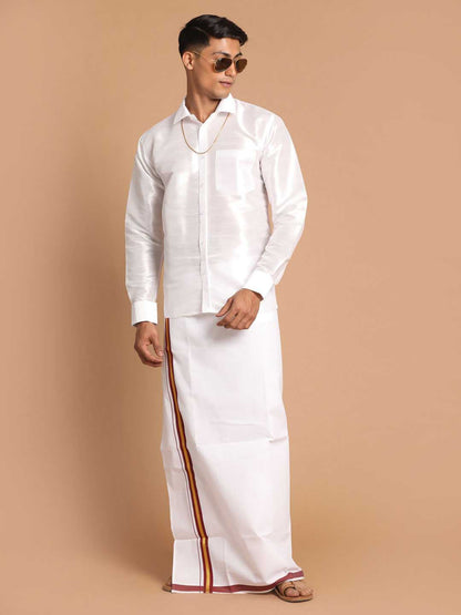 Vastramay Men's White And Maroon Mundu