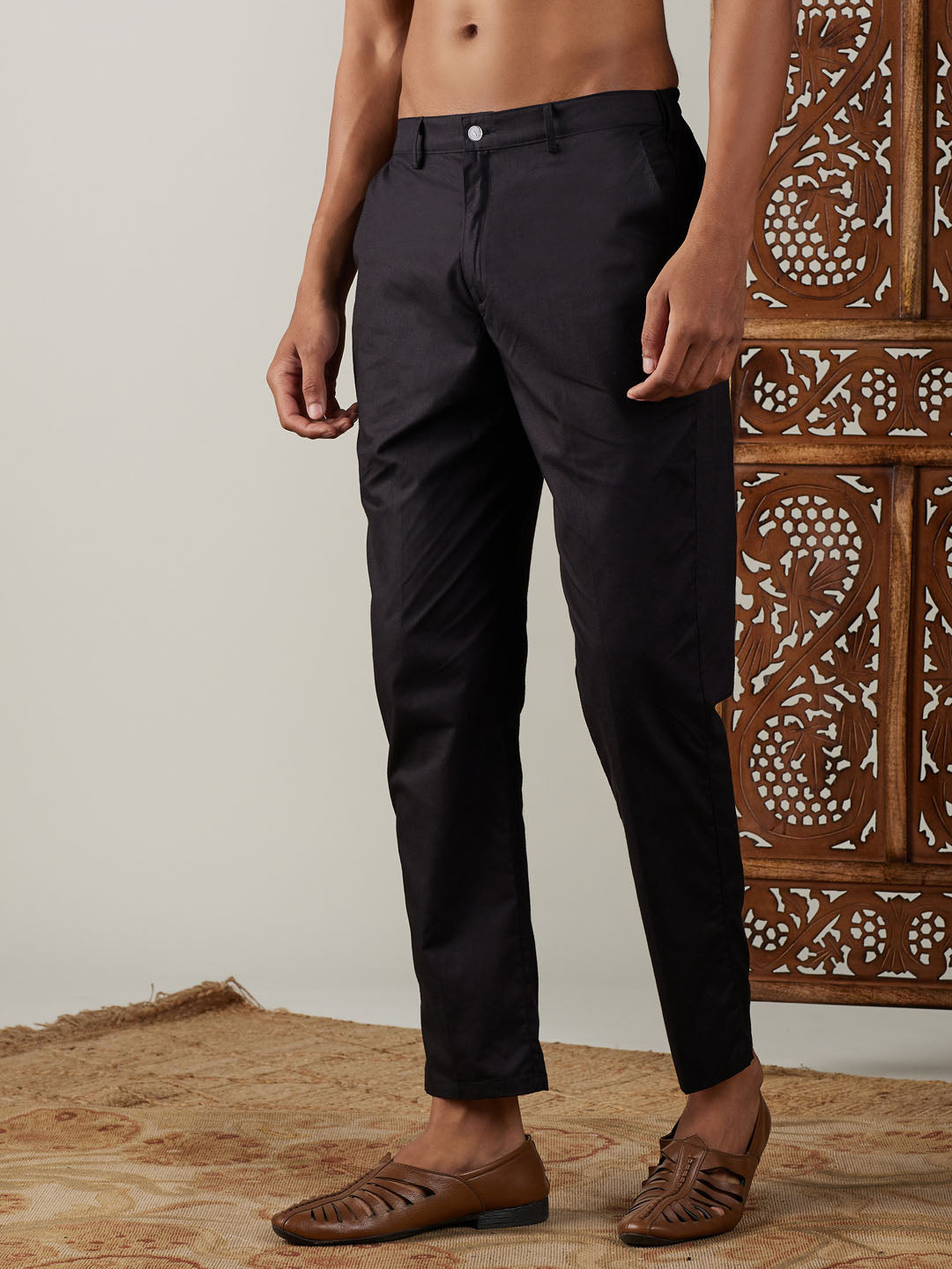 Vastramay mens black cotton slim fit pant