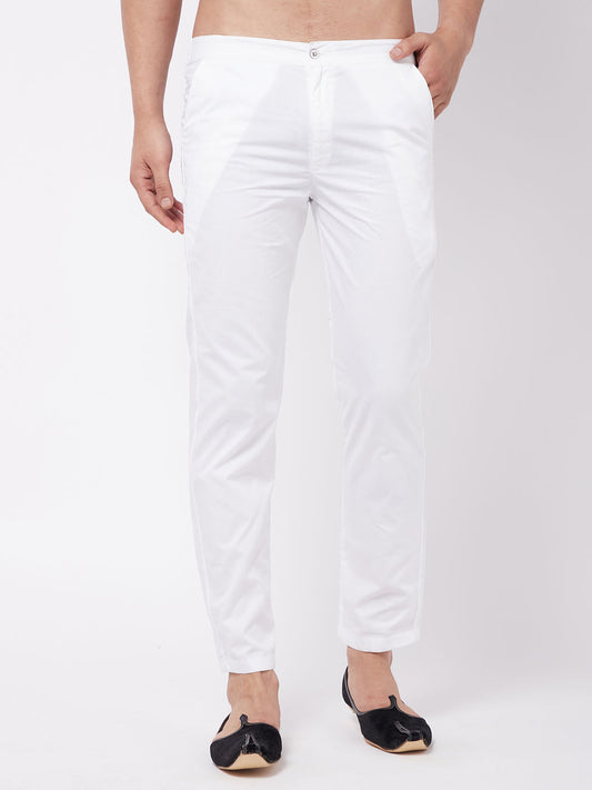 Vastramay Men's White Cotton Slim Fit Pant