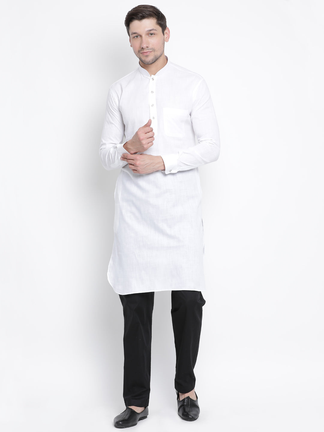 Vastramay  Men's White Cotton Blend Pathani Kurta