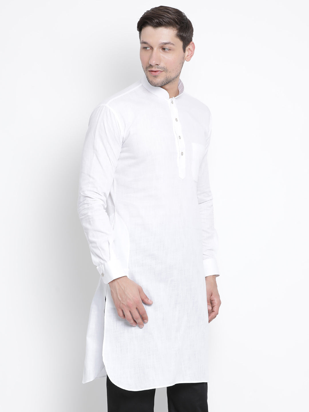 Vastramay  Men's White Cotton Blend Pathani Kurta