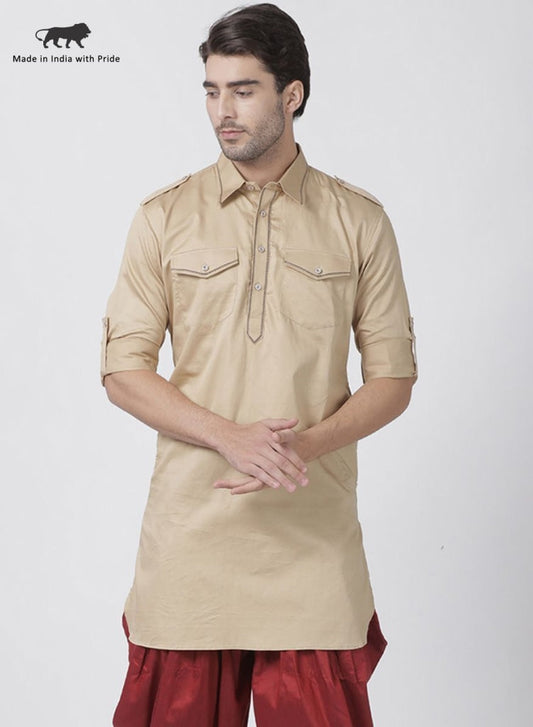 Vastramay Men's Beige Cotton Blend Kurta