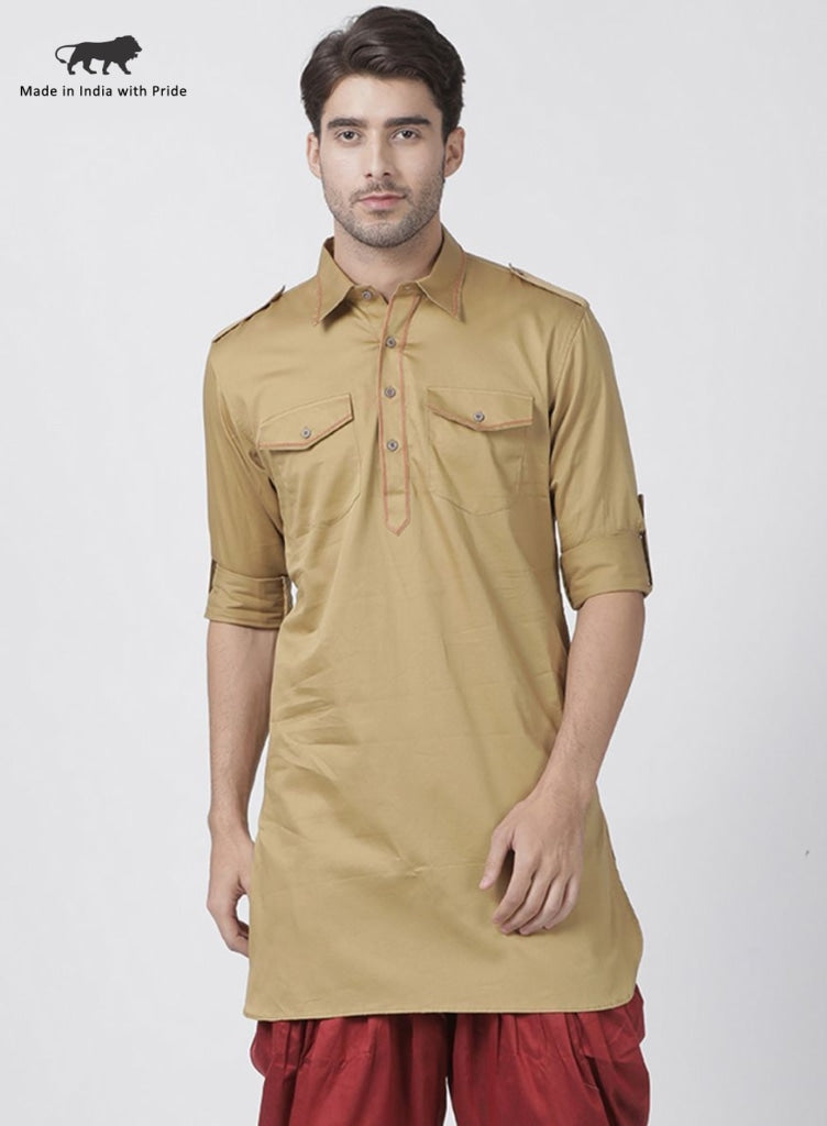 Vastramay Men's Beige Cotton Blend Kurta