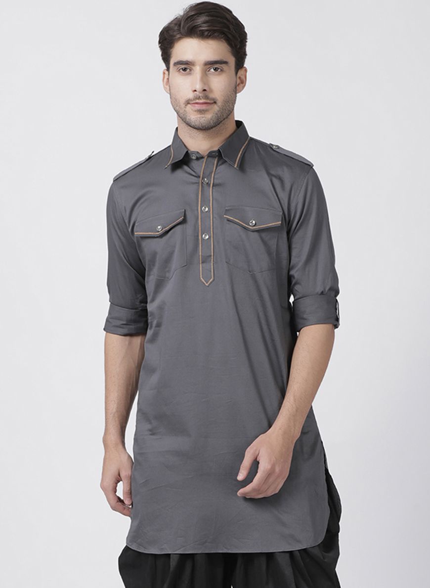 Vastramay Men's Grey Cotton Blend Kurta