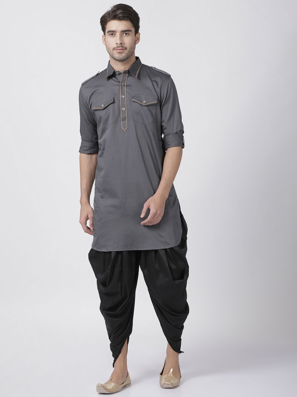 Vastramay Men's Grey Cotton Blend Kurta